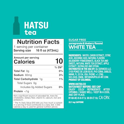 HATSU Sugar-Free White Tea – Pomegranate & Blueberry Flavor | Low-Calorie Iced Tea | 16.9 fl oz Bottles (Pack of 12)