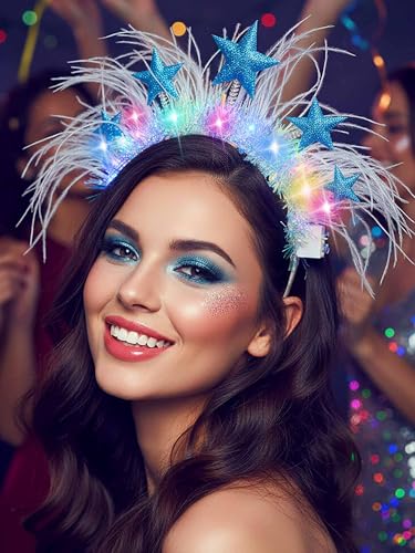 Woeoe Ligth Up Stars Headband Led Glowing Hair Bands Party Rave Costume Feather Hair Accessories for Women