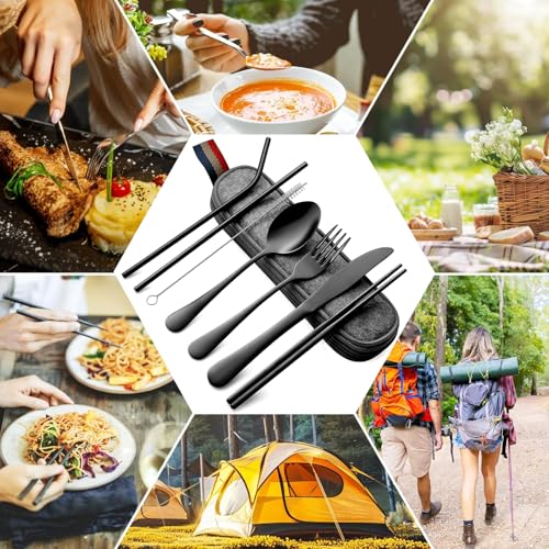 Camping Utensil Set for Men, 7-Piece Portable Silverware with Compact Case, Black Stainless Steel Travel Cutlery, Lunch Bo...