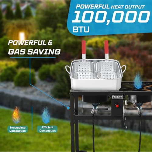 Fire Riot Deep Fryer with Double Burner Propane Stove Outdoor, 2×18QT Aluminum Pots & Frying Baskets, 100,000 BTU High-Pow...