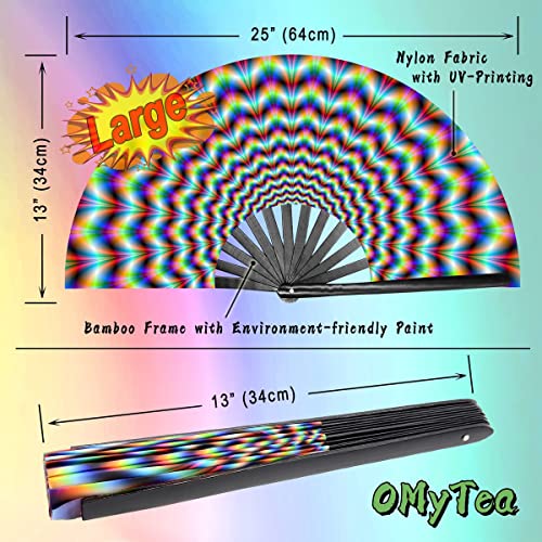 OMyTea UV Glow Rave Fan Foldable for Women/Men/Drag Queen - Large Clack Festival Folding Hand Fan - for EDM, Music Festiva...