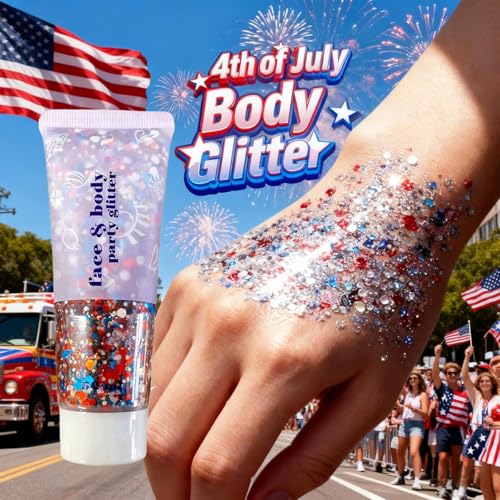 Red White and Blue Body Glitter,Patriotic Pride Hair Glitter for Kids,4th of July Accessories Outfits for Women Face Glitt...