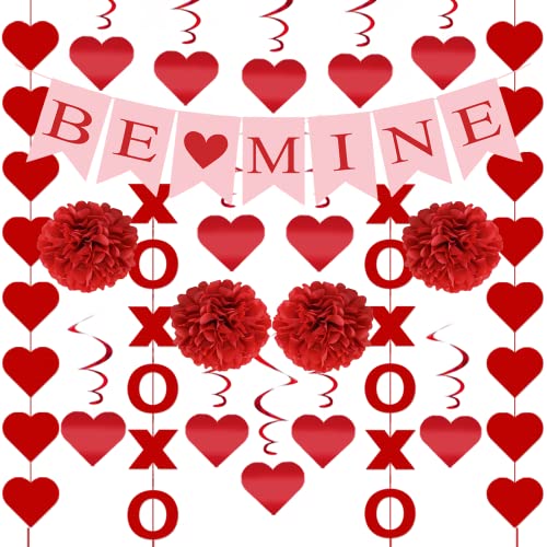 21Pcs Valentines Day Decorations Valentines Day Decor Pre-Assembled Hanging Heart Swirls BE Mine Love Heart XO Garlands Ba...