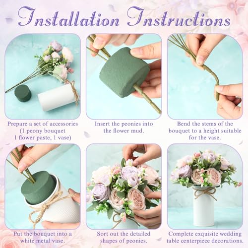 Domensi 6 Sets Wedding Floral Centerpiece for Table Decor, Artificial Peonies Silk Flowers Bouquet with Flower Foam and Me...