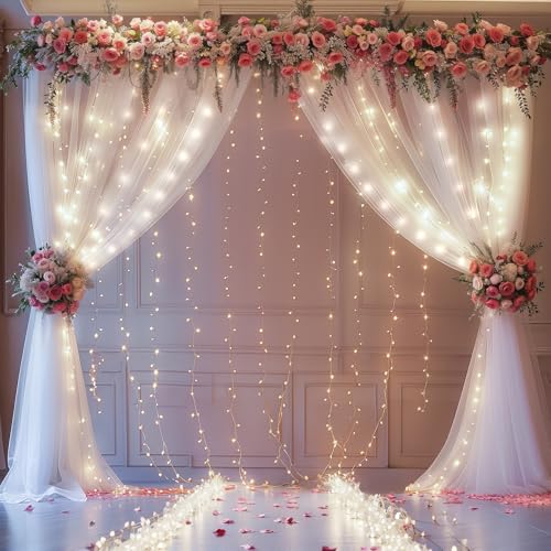 10FT x 7FT White Sheer Curtains with Lights String Tulle Curtain for Living Room Bedroom Parites Wedding Birthday Decorati...