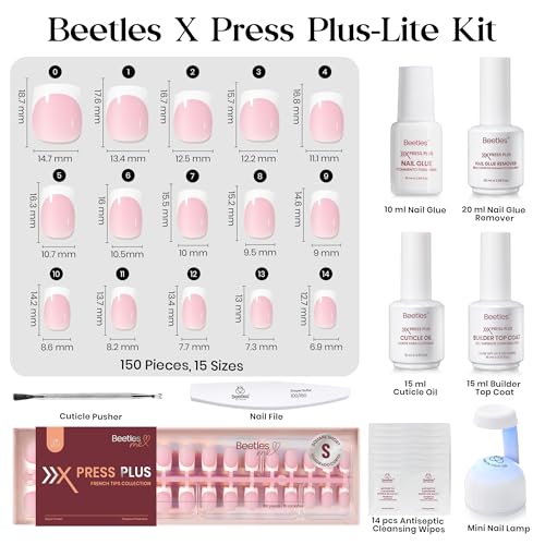 Beetles X Press Plus On Nails Kit-Short Square French Tip Press On Nails Kit with 150Pcs Pink French Nail Tips Nail Glue &...