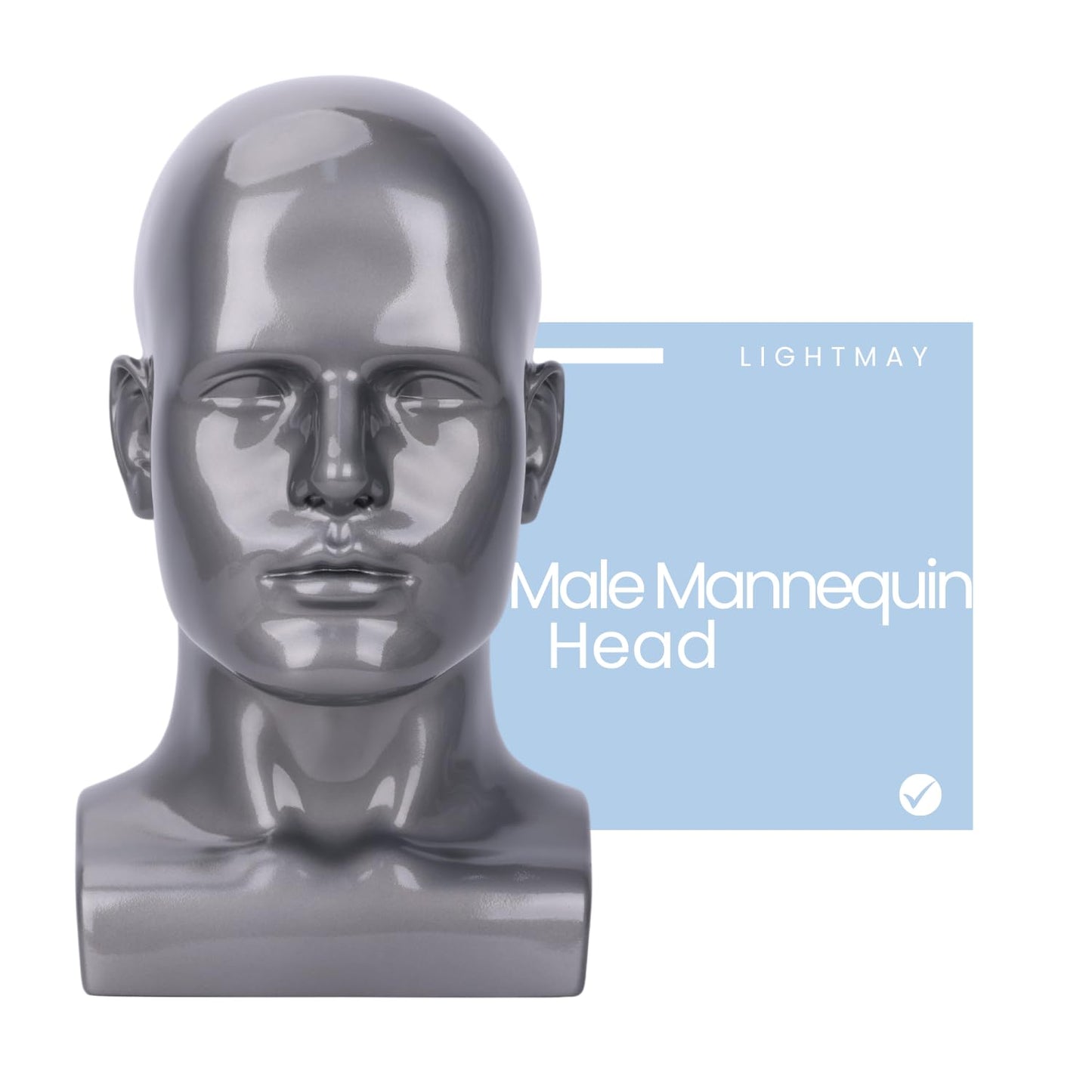 lightmay Male Mannequin Head - 13.7    Silver Gray Wig Stand for Hats, Wigs, Headphone, Glasses - Great for Styling, Display & S