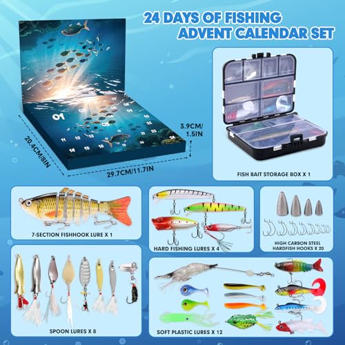 Fishing Advent Calendar - 24-Day Christmas Countdown with Lures & Tackle Set, Gift Ideal for Dad, Fishermen, and Teen Boys