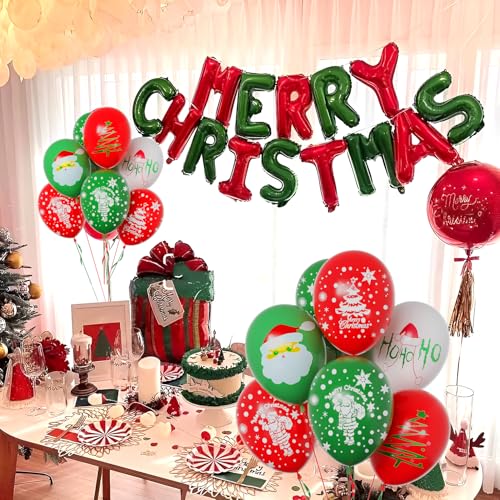 Christmas Balloons, 12 Inch Green and Red Balloons With Ribbon for Christmas Birthday Party Decorations
