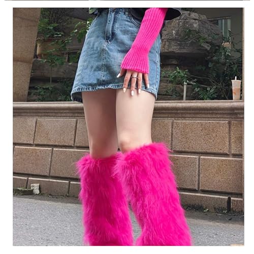 IXU Women's Faux Fur Boot Furry Fluffy Round Toe Suede Winter Comfy Plush Warm Short Outdoor Indoor Flat Shoes Knee-High B...