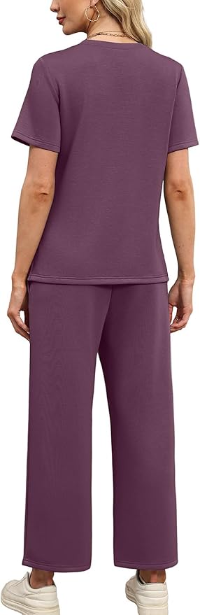 WIHOLL Two Piece Sets for Women Summer Travel Vacation Outfits Short Sleeve Lounge Sets Side Slit Wide Leg Pants S-3XL