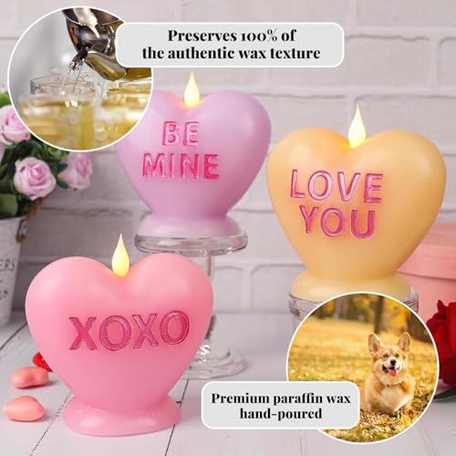 LCZLUMIPRO Valentine's Day Candles Heart Candle Flameless Candles Flickering 3 Pack Battery Operated LED Heart Shaped Candles with Realistic Warm Flame Effect Romantic Decor for Wedding Anniversary