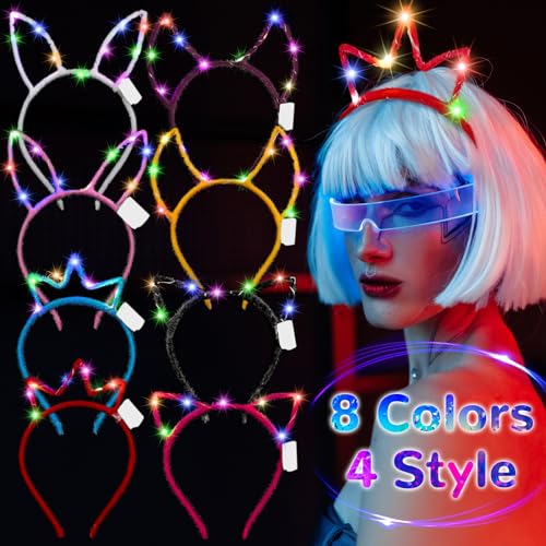 Janinka 64 Pcs Led Cat Ears Headband Bulk, Light Up Rave Hair Accessories Cute Rabbit Ear Crown, Glow in the Dark