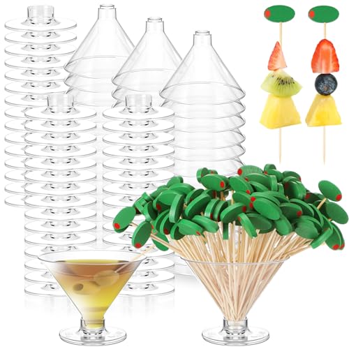 Remerry 70 Plastic Martini Glasses and 150 Olive Cocktail Picks Set 5 oz Disposable Plastic Martini Cups Clear Mini Desser...