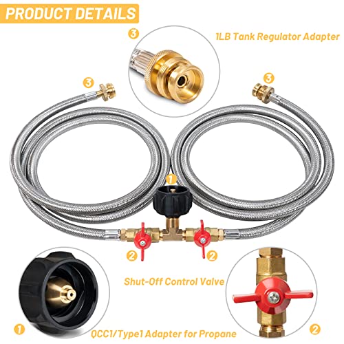 Propane Y Splitter Hose 2 Way Stainless Steel Braided Y Splitter CGA Propane Tank Converter Adapter Hose 5 FT Propane Hose...