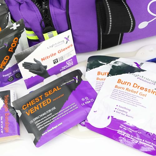 Lightning X Custom Embroidered Trauma Kit & Large EMT Bag w/ 250+ First Aid Supplies & Customized Name Patch | Purple