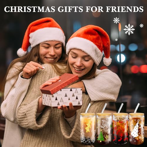 Umigy 8 Pack Christmas Glass Cups 16 oz Christmas Drinking Glasses Bulk with Lids and Straws Xmas Tumbler Drinking Glasses...