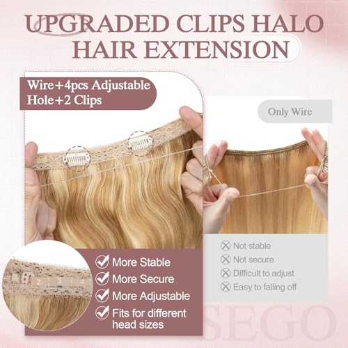 Halo Hair Extensions Real Human Hair Wavy Invisible Wire Hairpiece Adjustable One Piece With 2 Secure Clips For Women to Add Length,16 Inch 18P613 Gold Blonde Mixed Bleach Blonde,65g