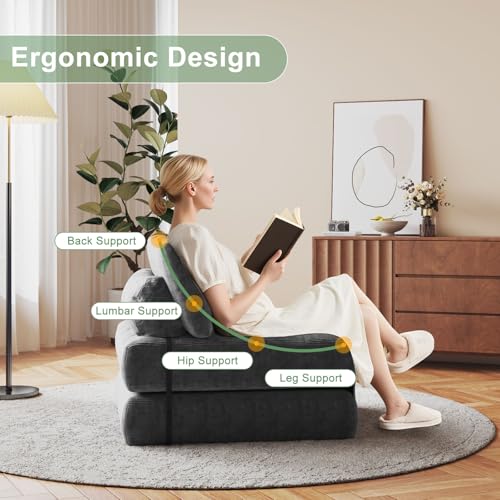 Garvee Folding Sofa Bed, Futon Sofa Bed, Floor Folding Couch for Living Room, Convertible Sleeper Chair with Pillow Foldable Mattress Back Support, Portable Fold Out Couch, Full Corduroy Dark Grey