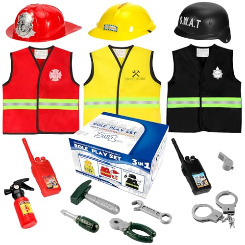 Cocojeci Boys Dress up Trunk Costumes Set,15pcs Pretend Role Play Set Fireman, Police, Construction Worker Costume with Ac...