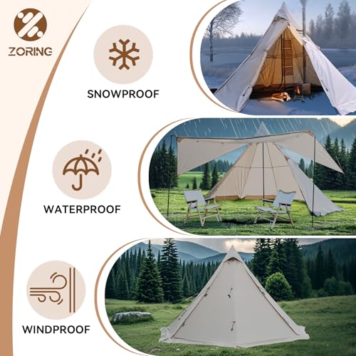 Zoring 4 Season 3-4 Person Hot Tent with Inner Tent for Camping, 8.2ft Standing Room, Snow Skirt, Cold Weather Shelter