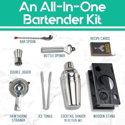 8-Piece Cocktail Shaker Set, Bartender Kit with Black Wood Stand, Stainless Steel Bar Tool Set for Drink Mixing Home Barte...