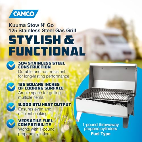 Camco Kuuma Premium Stainless Steel Mountable Gas Grill w/Regulator -Compact Portable Size Perfect for Boats, Tailgating a...