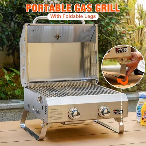Onlyfire Tabletop Gas Grill 2 Burners and Grill Cover Bundle, 20" Stainless Steel Portable Propane Grill with Foldable Leg...