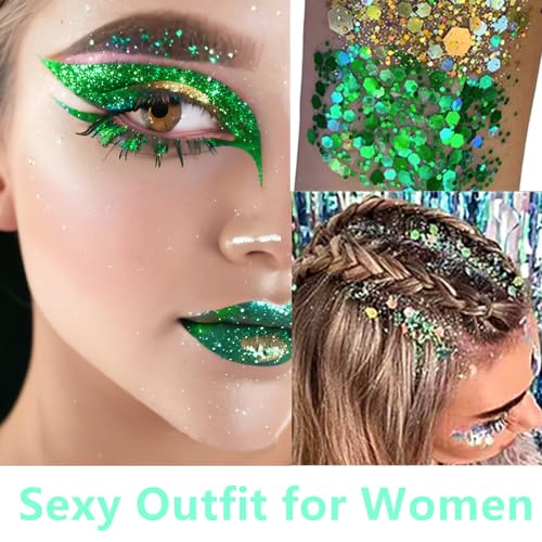 Go Ho Green Face Body Glitter,St Patricks Day Face Glitter Makeup,Green Face Paint Holographic Chunky Sequins Glitters for...