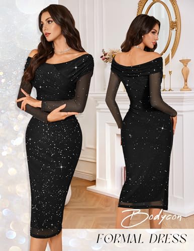 BeryLove Womens Sparkly Off Shoulder Formal Wedding Guest 2026 Cocktail Mesh Sequin Dress
