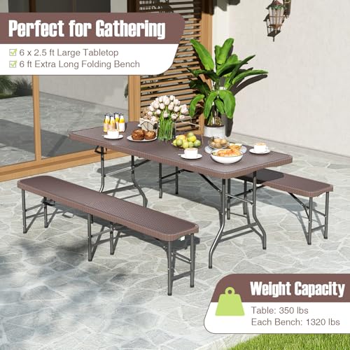 Goplus 6 FT 3-Piece Portable Picnic Table Bench Set, HDPE Rattan-Like Plastic Folding Picnic Tables with Benches, Foldable...