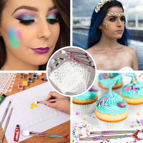 Mermaid Scale Stencil Kit,11Pcs Reusable Mermaid Face Makeup Templates and 4 Pcs Makeup Brushes 2 Bottles Glitter, Women G...
