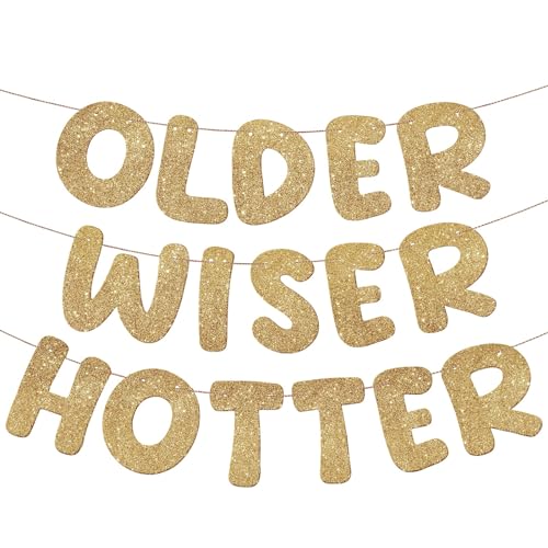 Fulmoon Set of 3 Pre Strung Older Wiser Hotter Glitter Banner Funny Birthday Banner for Women 30th 40th 50th 60th 70th 80t...