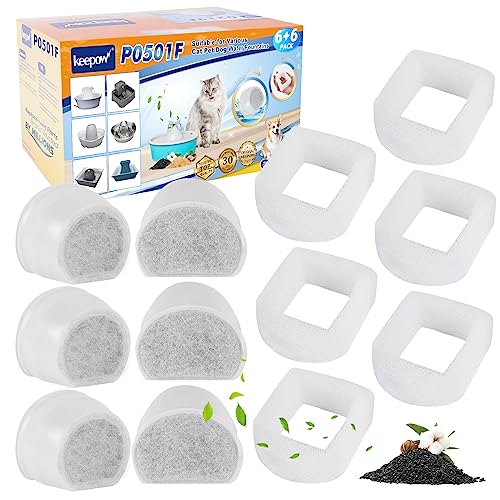 KEEPOW Cat Water Fountain Filters - 12 Pack Foam & Carbon Filters for Drinkwell 1.5/2 Gallon Fountains, Seaside, Creeksid...