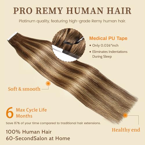 DNE Tape in Hair Extensions Real Human Hair 24 inches 20Pcs/50g/Pack Seamless Dark Brown to Chestnut Brown#T4-P4/27 Straight Invisible Double Sided Tape in Hair Extensions for Women/Girls