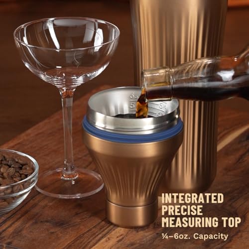 Elevated Craft Diamond Edition Hybrid Cocktail Shaker Set - Premium Vacuum Insulated Brushed Copper, 28 oz, Includes Buil...
