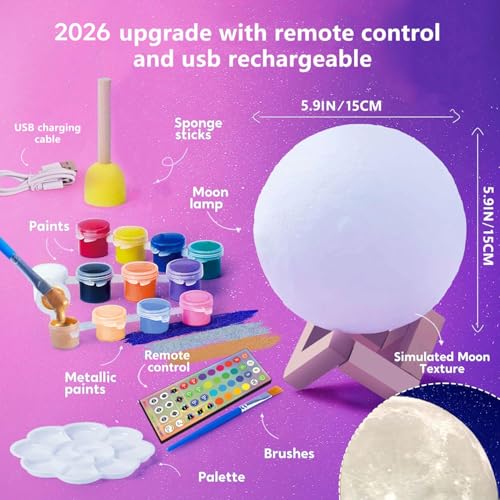 HOLA Paint Your Own Moon Lamp Kit, 2025 Updated USB Rechargeable, DIY Arts Supplies and Crafts Kit, Christmas Gifts for Gr...