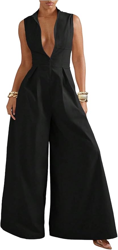Verdusa Women's Zip Up Wide Leg Jumpsuits Sleeveless One Piece Formal Dressy Rompers Holiday Jumpsuits