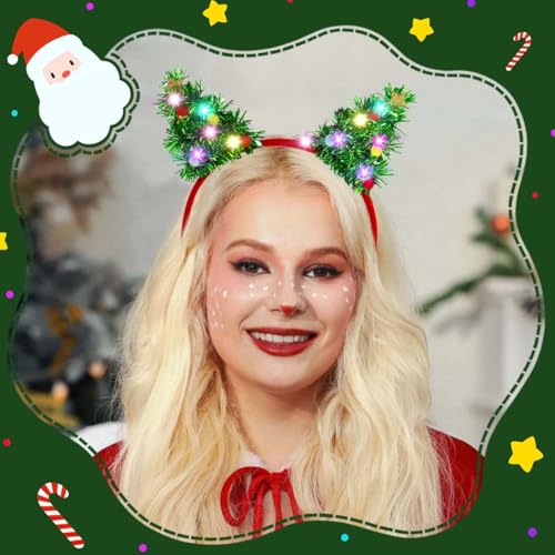 Aiosy Light Up Christmas Tree Headband Green Tinsel Head bands Led Cat Ears Headpiece Glitter Star Xmas Party Hair Accesso...