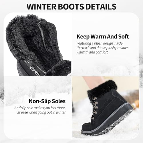 XRH Women’s Winter Warm Boots Black Snow Combat Boots With Zipper,Comfortable Fur Lined Women Ankle Boots Non Slip Hiking ...