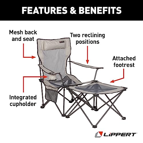 Lippert Sun Soaker Two-Position Vented Reclining Camping Chair with Footrest, 600D Polyester Fabric, Mesh Back/Seat, Padde...