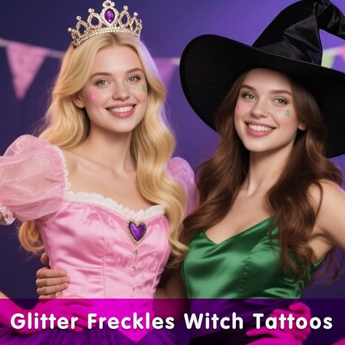 MEICOLY Halloween Glitter Freckles Witch Tattoos,Elphaba Accessories Friendship Green Witch Pink Princess Stickers for Wic...