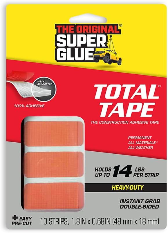 Super Glue, Total Tape Precut Strips, 10 Strips, Strong Indoor & Outdoor Construction Adhesive, Holds 14 lbs. per Strip, Permanent Bonding, All-Weather, Mesh Reinforced, Easy-to-Use Double-Sided Tape