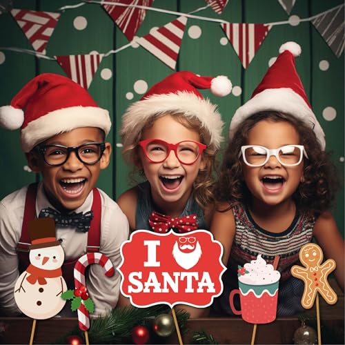 Christmas Photo Booth Props - 41-pc Photobooth Kit with 8 x 10-Inch Sign, 60 Adhesive Pads, 45 Sticks - Christmas Photoboo...