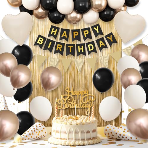Black Gold Birthday Decorations,Party Decorations with Sand White Champagne Gold Balloon Heart Balloons Happy Birthday Ban...