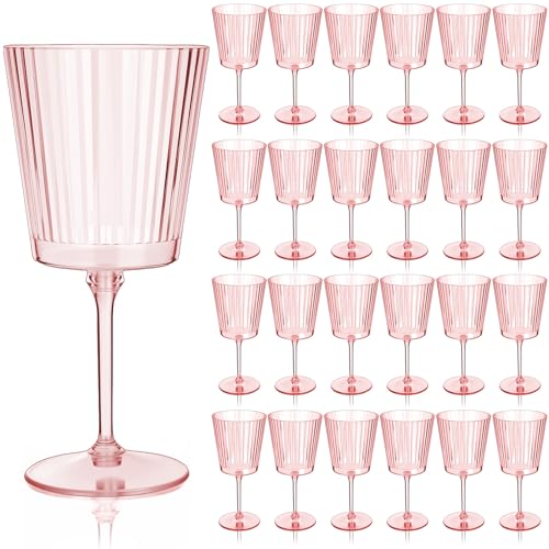 Domensi 24 Pack Plastic Wine Glasses Disposable 13 oz Ribbed Wine Glasses with Stem Unbreakable Reusable Cocktail Cups for...