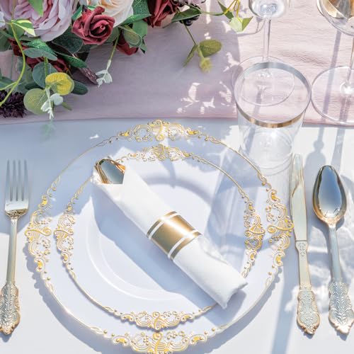 Nervure 350PCS Gold Plastic Plates - Gold Plastic Dinnerware Sets for 50 Guests - 100 Disposable Plates, 150 Silverware, 5...