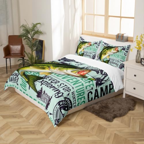 Fishing Adventure Duvet Cover Set Twin, Summer Camping Bedding Set 2pcs for Kids Teens Adults Room Decor,Black Sketch Farm...