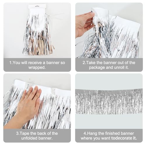 BEISHIDA 3 Packs 30 Feet Metallic Foil Fringe Garland Tinsel Streamers，Shiny Silver Wall Hanging Tinsel Fringe Banners for...
