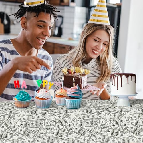 2 PCS Dollar Party Tablecloths, 87" Lx51 W Rectangular Plastic Table Covers, Birthday Party Disposable Tablecloths Party D...